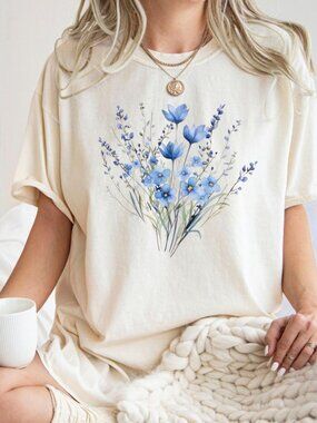Blue Flower Bouquet Shirt, Flower Lover Shirt, Retro Floral Shirt, Flower Shirt